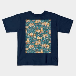 Lion Cub Pairs and Poppies on Deep Teal Kids T-Shirt